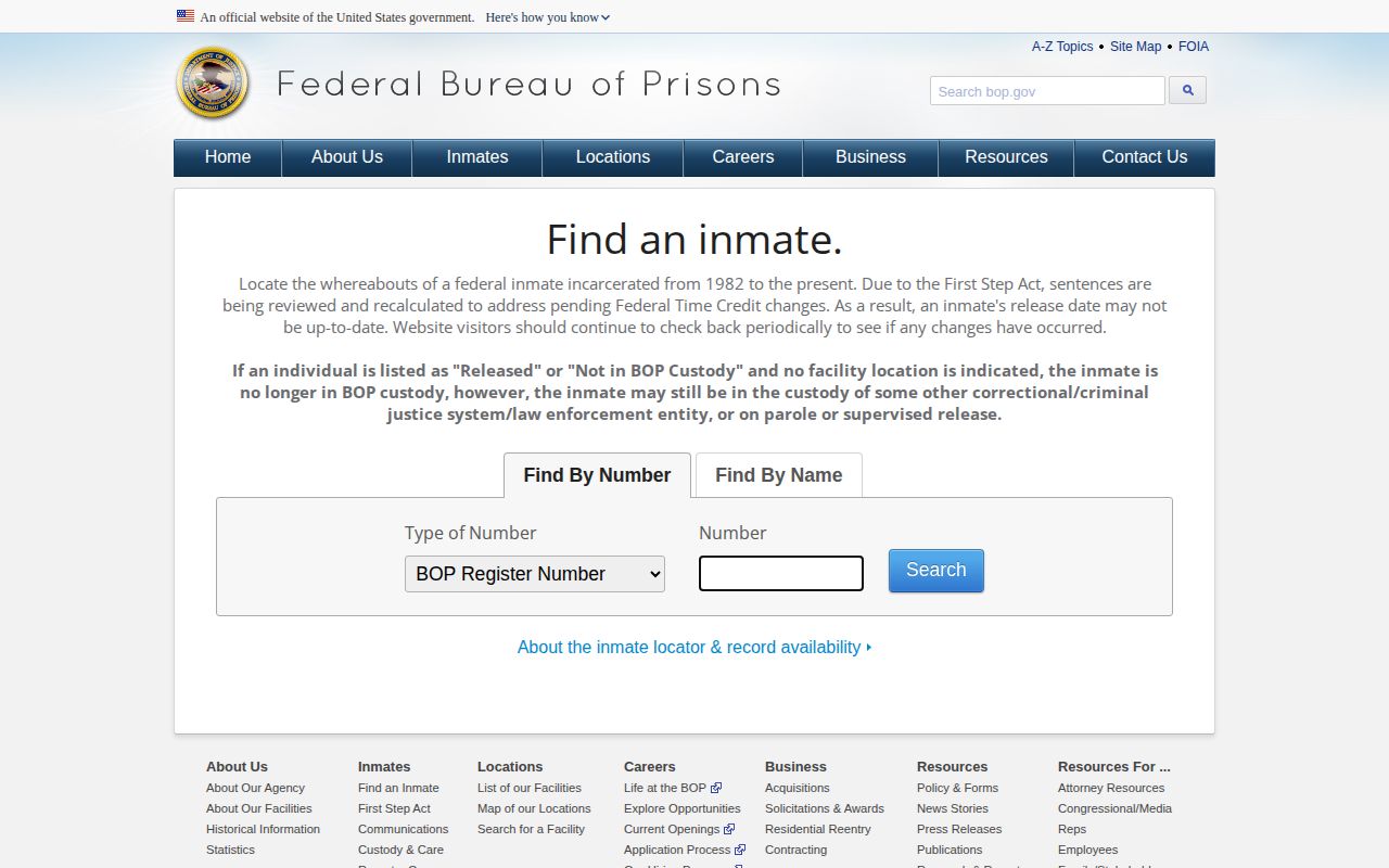Federal BOP record locator for an Ohio County case