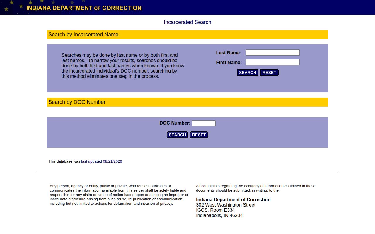 Indiana DOC offender record search for an Ohio County case