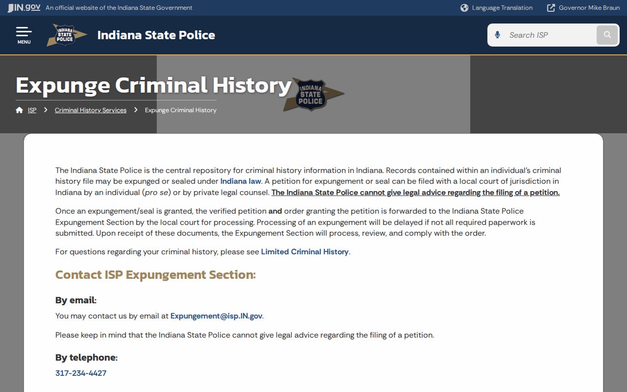 Ohio County booking record expungement guidance from Indiana State Police